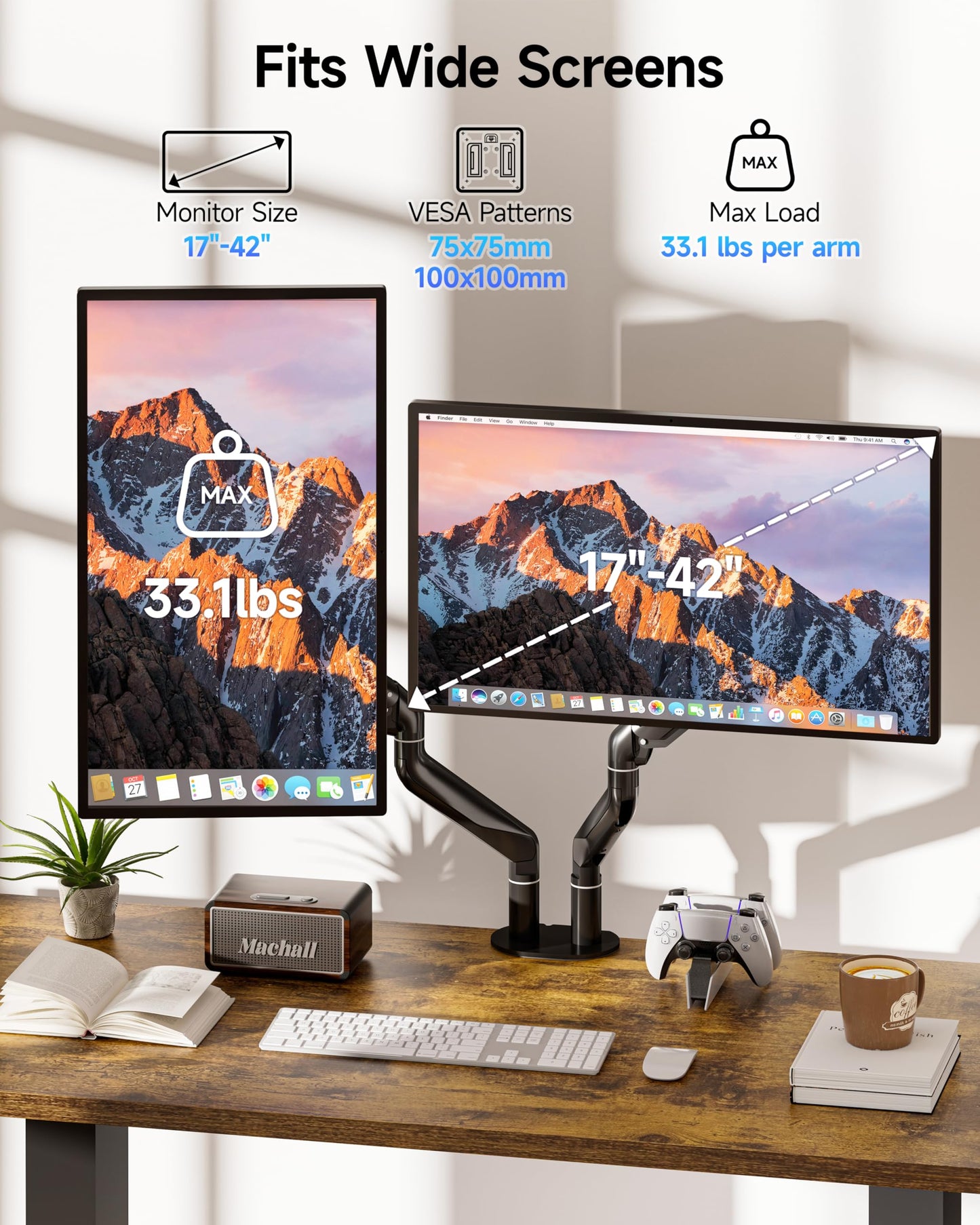 BIZUM Dual Monitor Stand for 17″-42", Heavy Duty Ultrawide Monitor Arm Dual-Monitor Mount VESA Mount with Clamp/Grommet Base, Holds 33.1lbs per Arm, Black