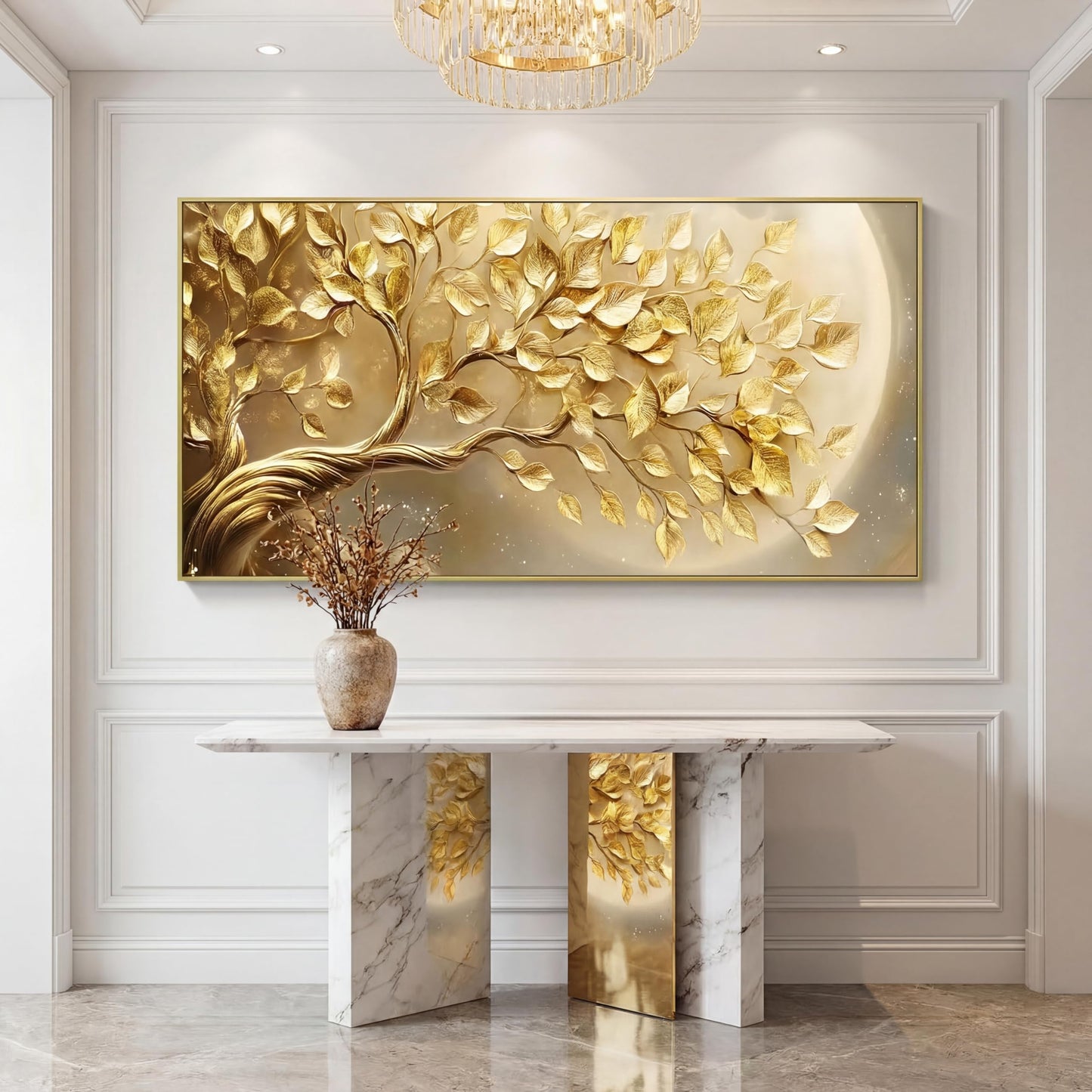 BirdSuite Gold Framed Golden Leaf Money Tree Wall Art, Luxury 3D Effect Canvas Print, Ready to Hang Wall Decor for Living Room Bedroom Office Dining Room Entryway, 58x29 Inch