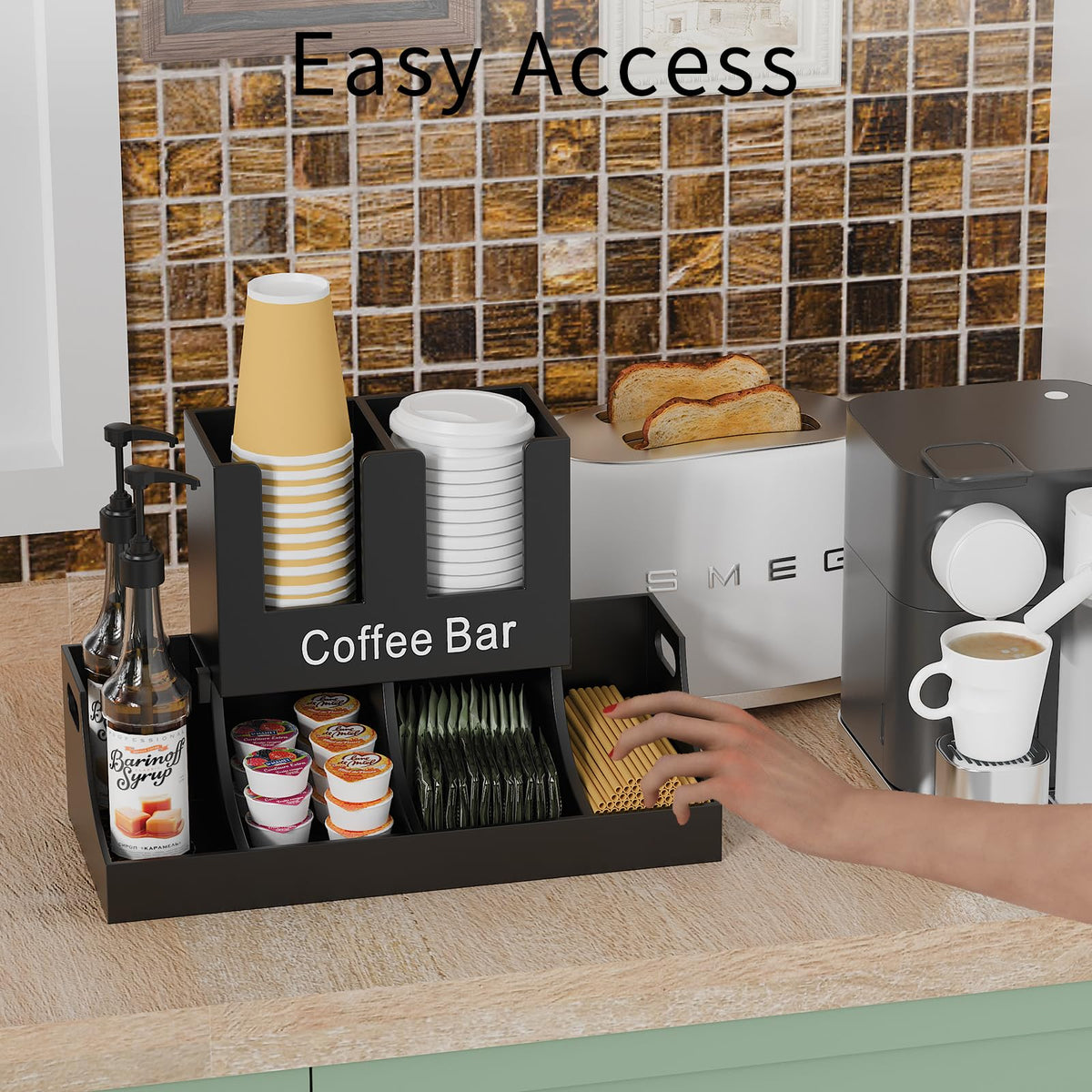 Busidhji Coffee Station Organizer, Wooden Coffee Bar Organizer for Countertop, Condiment and Cup Storage Organizer, Bar Accessories for Kitchen, Office, Home, Black