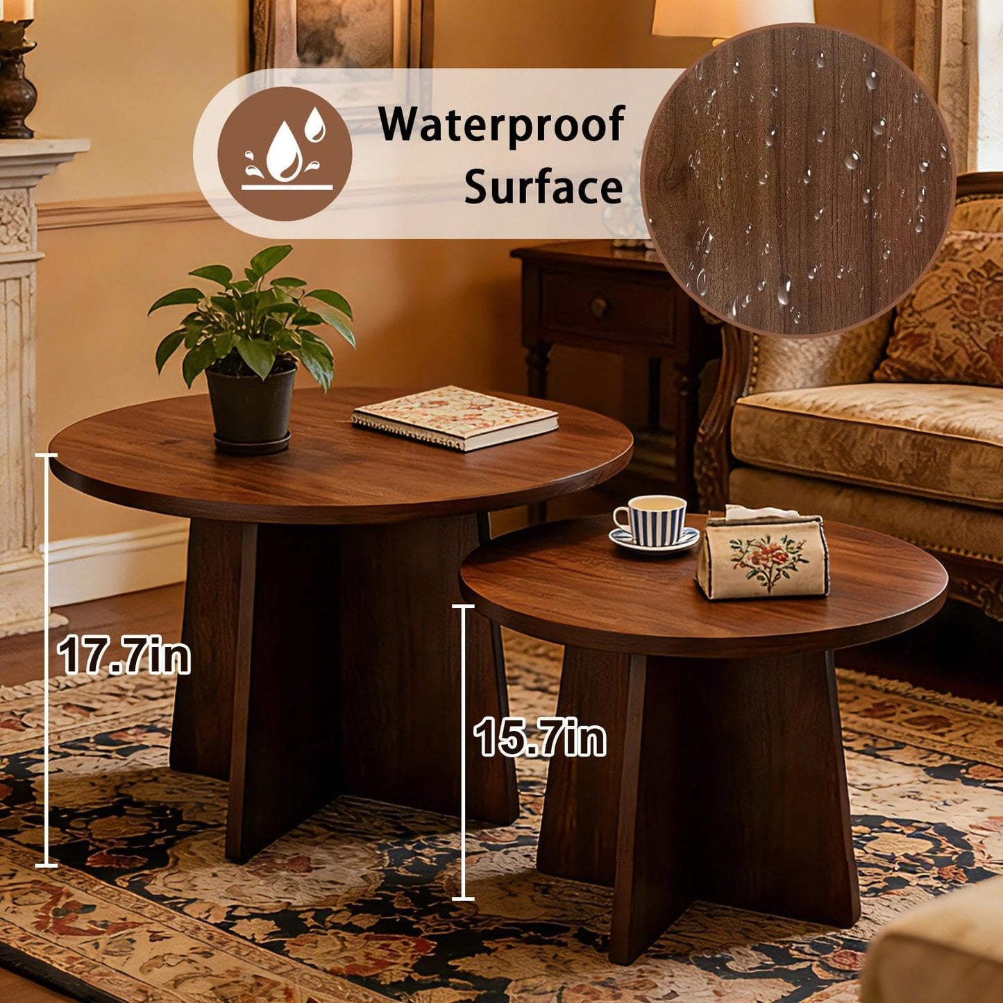 Wood Coffee End Table, Round Side Tables Living Room, Small End Tables for Small Spaces, Sofa, Bedroom, Bedside, Corner, Office, Nursery, Wooden Circle Side Table, Rustic Walnut 19.7 x 17.7 in