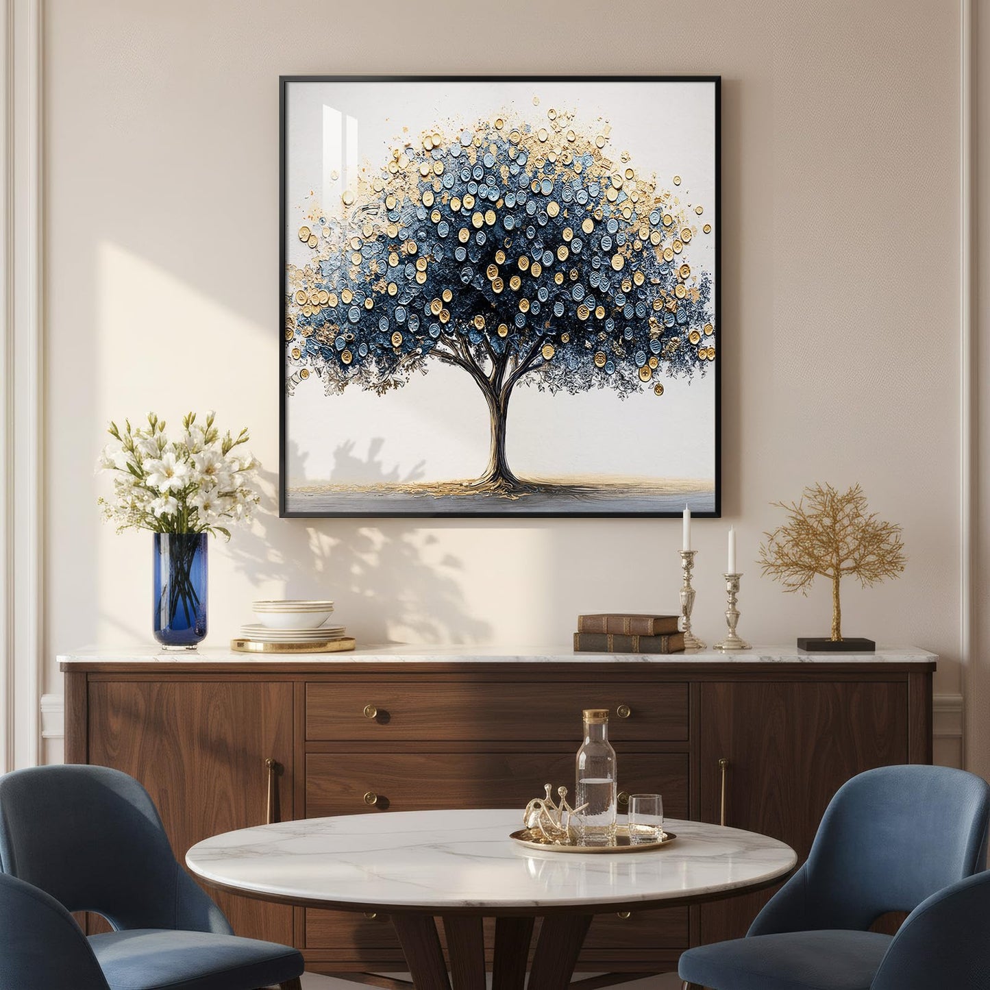 Framed Square Tree of Life Wall Art, Blue Gold Modern Money Tree Painting Prints, Minimalist Elegant Luxury Abstract Tree Artwork for Living Room Bedroom Kitchen Hallway Office Home Decor, 30x30 Inch