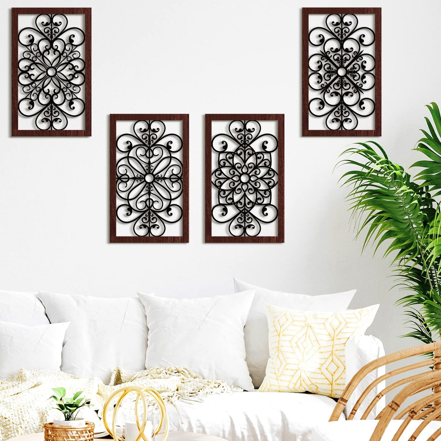 4 Pieces Thicken Rustic Wall Decor Modern Farmhouse Wooden Hollow Carved Design Wall Art for Living Room Bedroom Hallway Decor Office Kitchen Wall Decoration (Traditional Style)