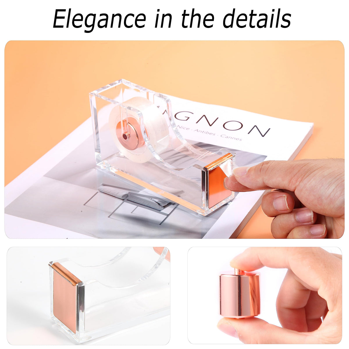 Famassi Rose Gold Desk Accessories，Office Supplies Set Acrylic Stapler Set Staple Remover, Tape Holder, 2 Ballpoint Pen, Scissor, Binder/Paper Clips and 1000pcs Staples.