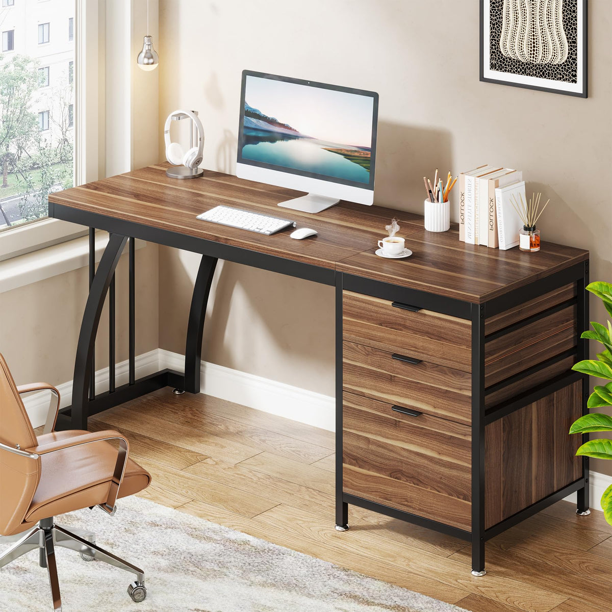 Tribesigns Computer Desk with 3 Drawers, 59-Inch PC Desk with Reversible Drawers, Industrial Study Writing Table Workstation with File Storage for Home Office, Walnut