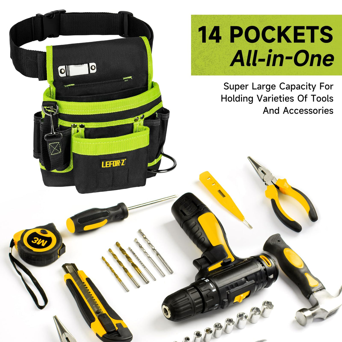 Tool Belt,Magnetic Tool Pouch,14-Pockets Tool Belts for Men,Detachable & Adjustable Tool Pouch belt for Electrician,Carpenter,Construction,Work Apron,Utility Belt,Black-Green