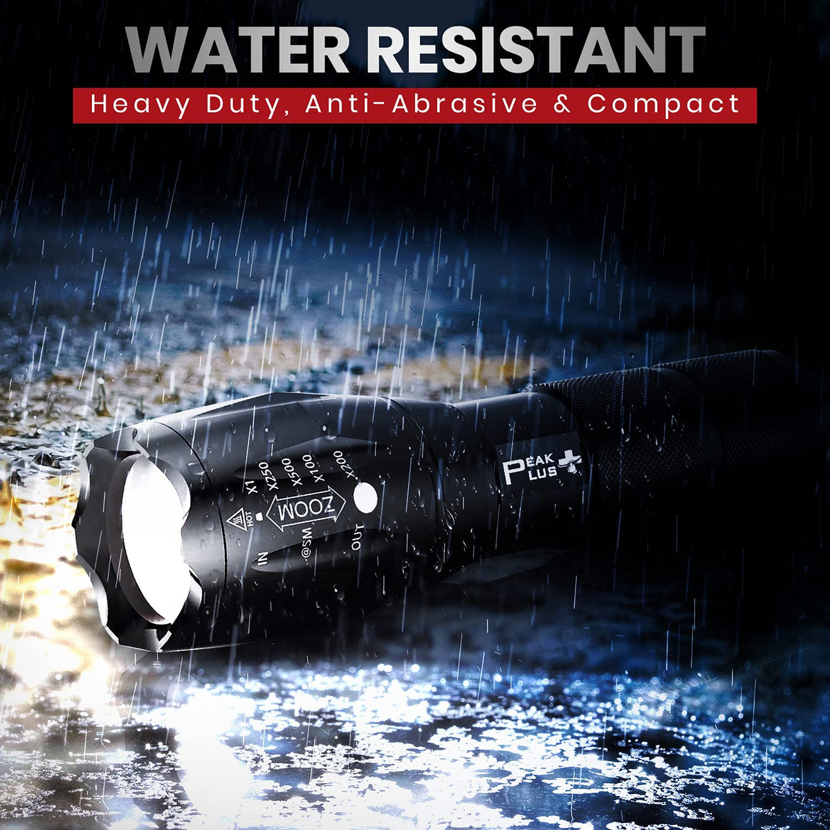 PeakPlus Rechargeable Tactical Flashlight LFX1000 (Rechargeable Battery and Charger Included) - High Lumens LED, Super Bright, Zoomable, 5 Modes, Water Resistant - Best Camping, Emergency Flashlights