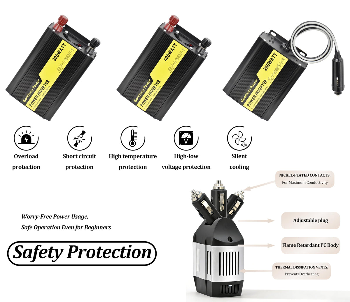 Goodway Power Compact and Lightweight Modified sine Wave Power Inverter DC12V to AC110-120V 60Hz with Rated Output Power 100W,200W, 300W, 400W for Choice(100, Watts)