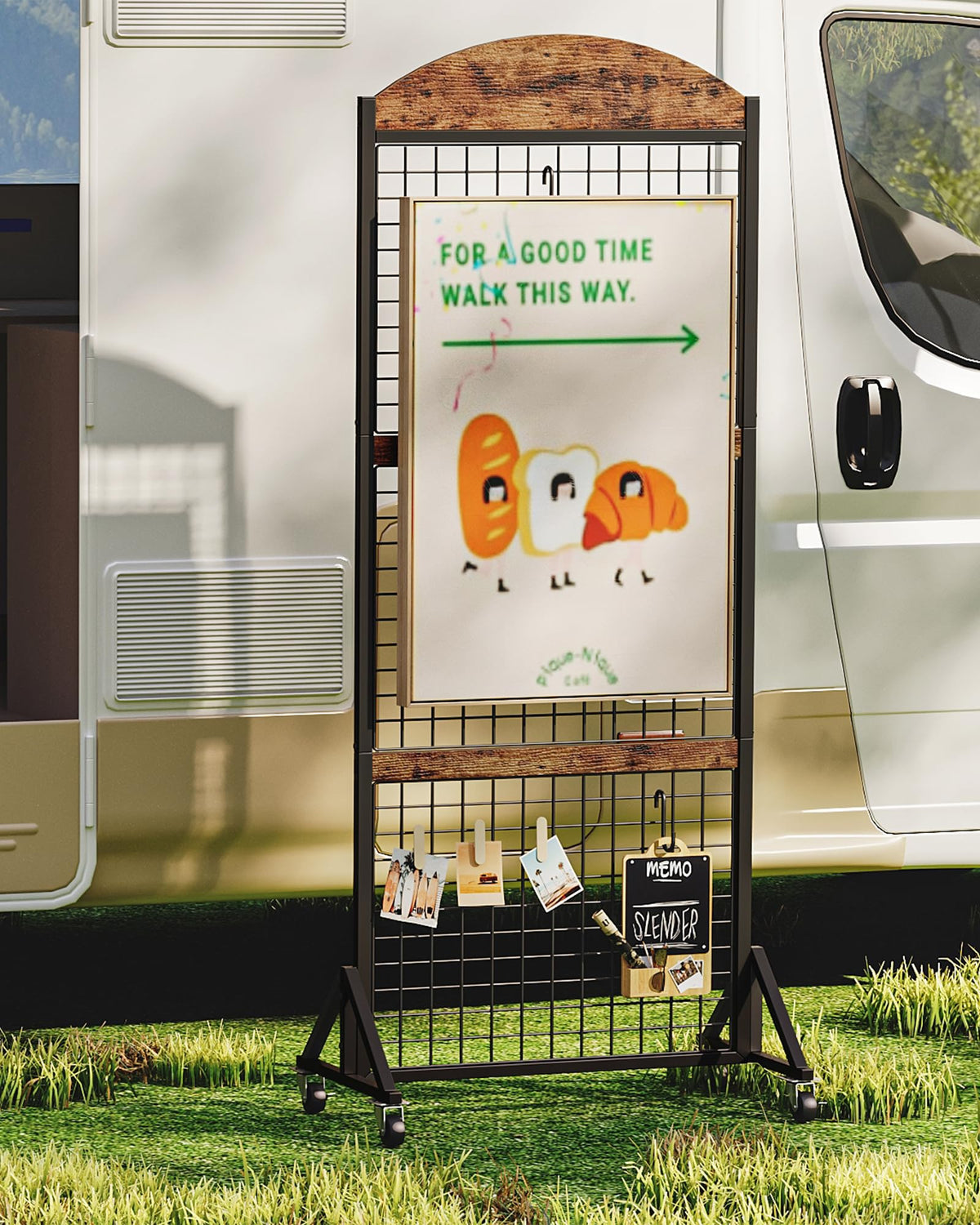 CHOEZON Grid Wall Panel 5.7’ x 2’ FT Grid Display Rack, Movable Gridwall Display Stand with Wheels,Floorstanding Wire Grid Rack with 4 S-Shaped Hooks and 4 Garment Hooks Rustic Brown and Black TCJ17BF