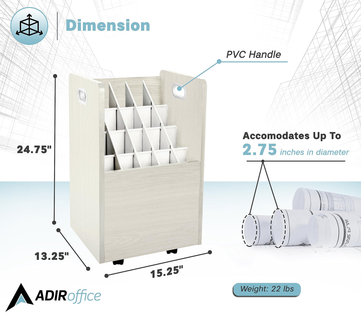 AdirOffice Adir Blue Print Storage Organizer - Mobile Roll File Cart, Construction Plan Holders, Blueprint Cabinet with Wheels, Roll Files Storage for Office and Home (20 Slots, White)