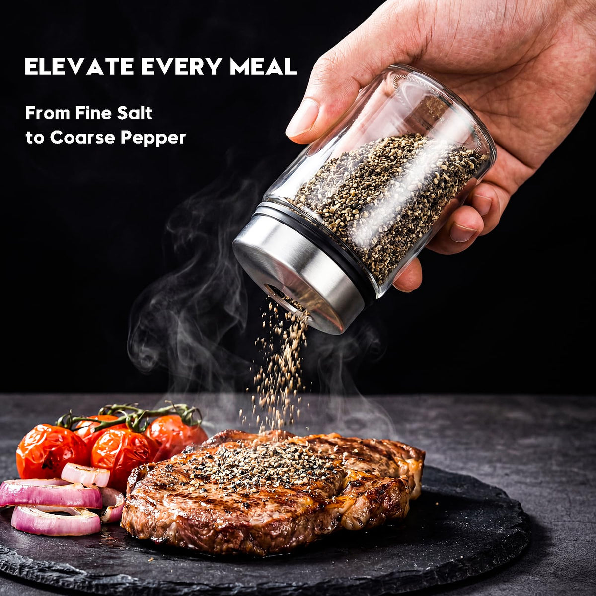 Shatterproof Glass Salt and Pepper Shakers Set Leak & Moisture Proof - 4 Adjustable Holes Precision Control - 5oz Borosilicate Glass Sugar & Spice Jars with Stainless Lid, Wide-Mouth, Dishwasher Safe