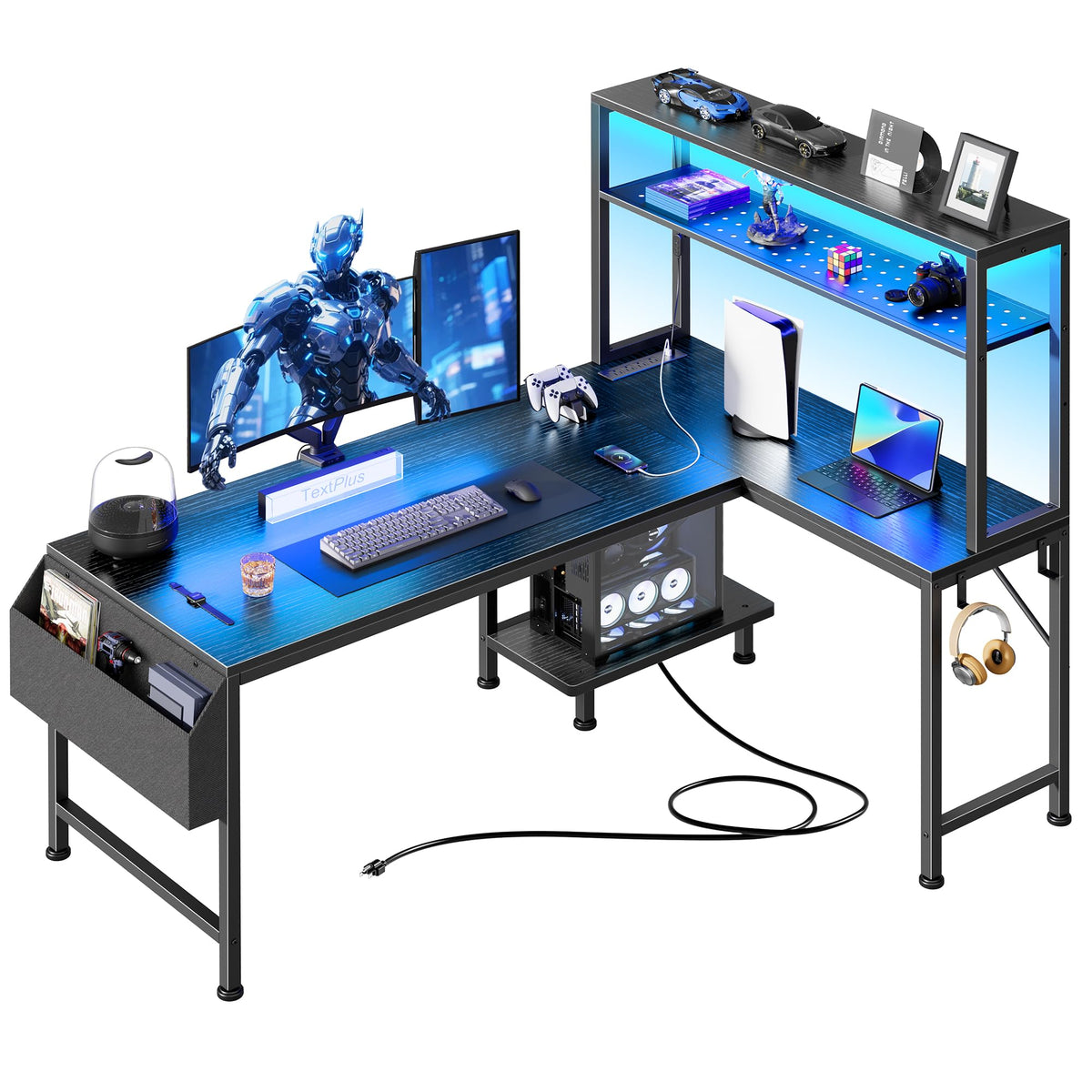 PRAISUN 51.2" L Shaped Gaming Desk with Power Outlets & USB-C Port, LED Lights, Computer Desk with Pegboard, Corner Desk with Storage Shelves & Bag, Office Desk with CPU Stand for Home Office, Black