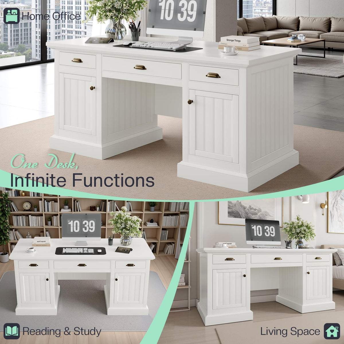 Jocisland 68" Executive Desk for Home Office & Study, Fluted Panel Computer Table with 3 Drawers and 2 Cabinets, Farmhouse Writing Desk – Pure White