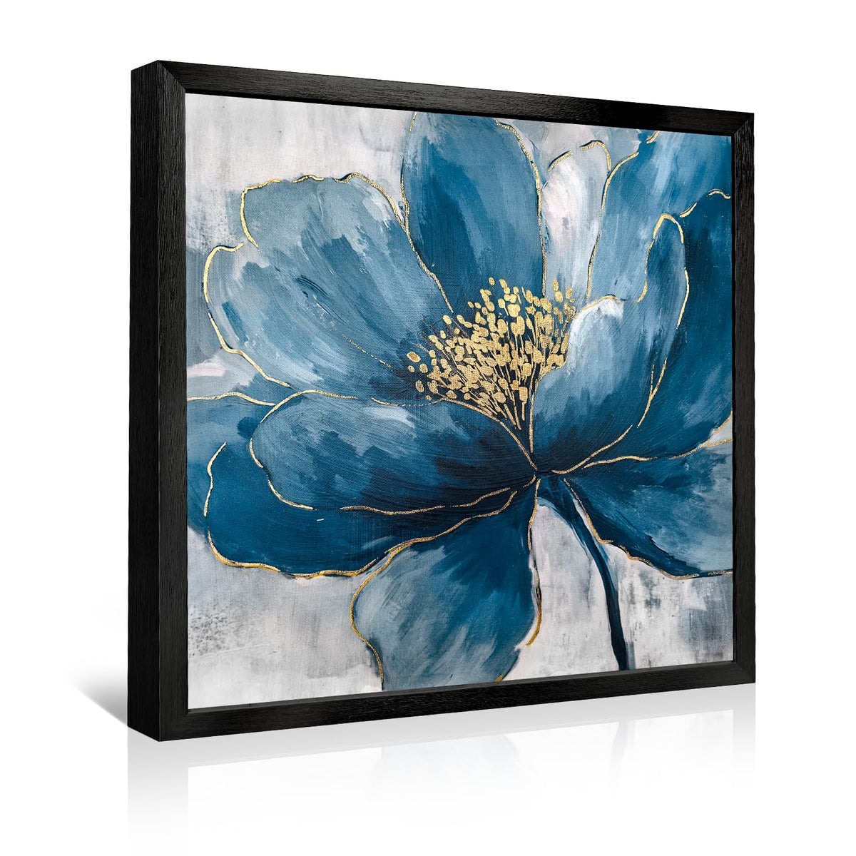 llribbons Framed Flower Wall Art Hand Painted Elegant Blue Peony Floral Canvas Pictures Indigo Gold Painting 3D Textured Prints Artwork for Living Room Bedroom Bathroom Office Home Decor 20" x 20"