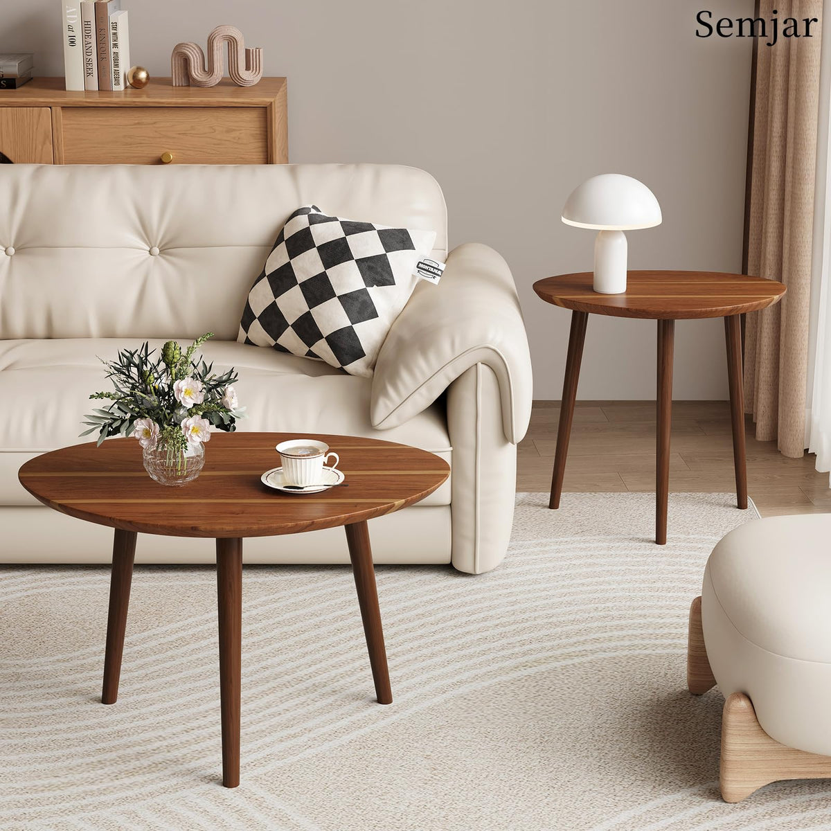 Semjar Small Oval Coffee Tables Set,Acacia Wood Nesting Tables（25.6"x17.7"+17.7"x13.4" for Living Room Small Spaces Office,Easy Assembly Wooden Minimalist Walnut Mid Century Modern Coffee Table