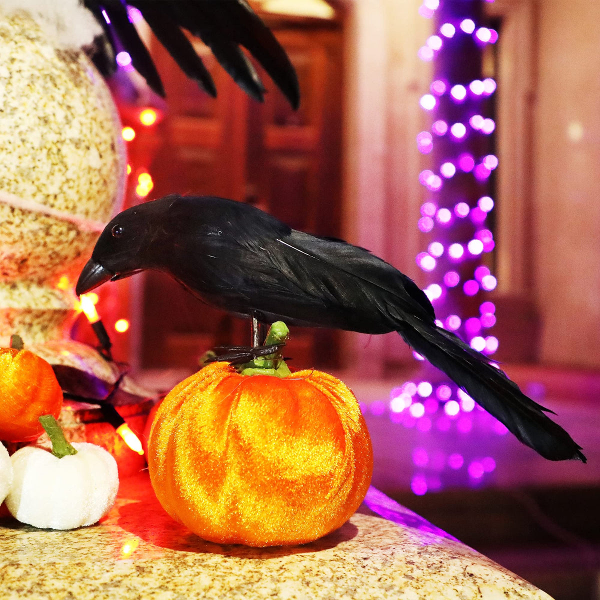 ATDAWN Halloween Birds, Black Feathered Crows, Realistic Looking Halloween Decoration Birds (3 Pack)