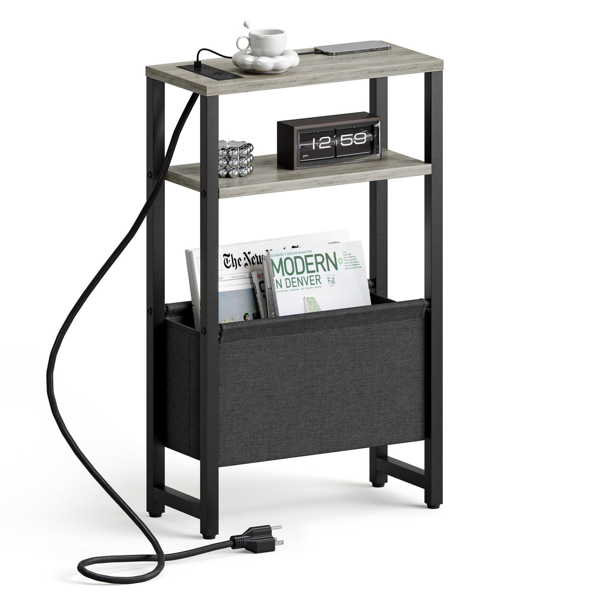 IRCPEN Narrow Side Table with Charging Station Slim End Table Sofa with Magazine Rack, Bedside Table for Small Spaces, 3 Tier Nightstand for Living Room Couch, Bedroom Oak Grey LET503QE