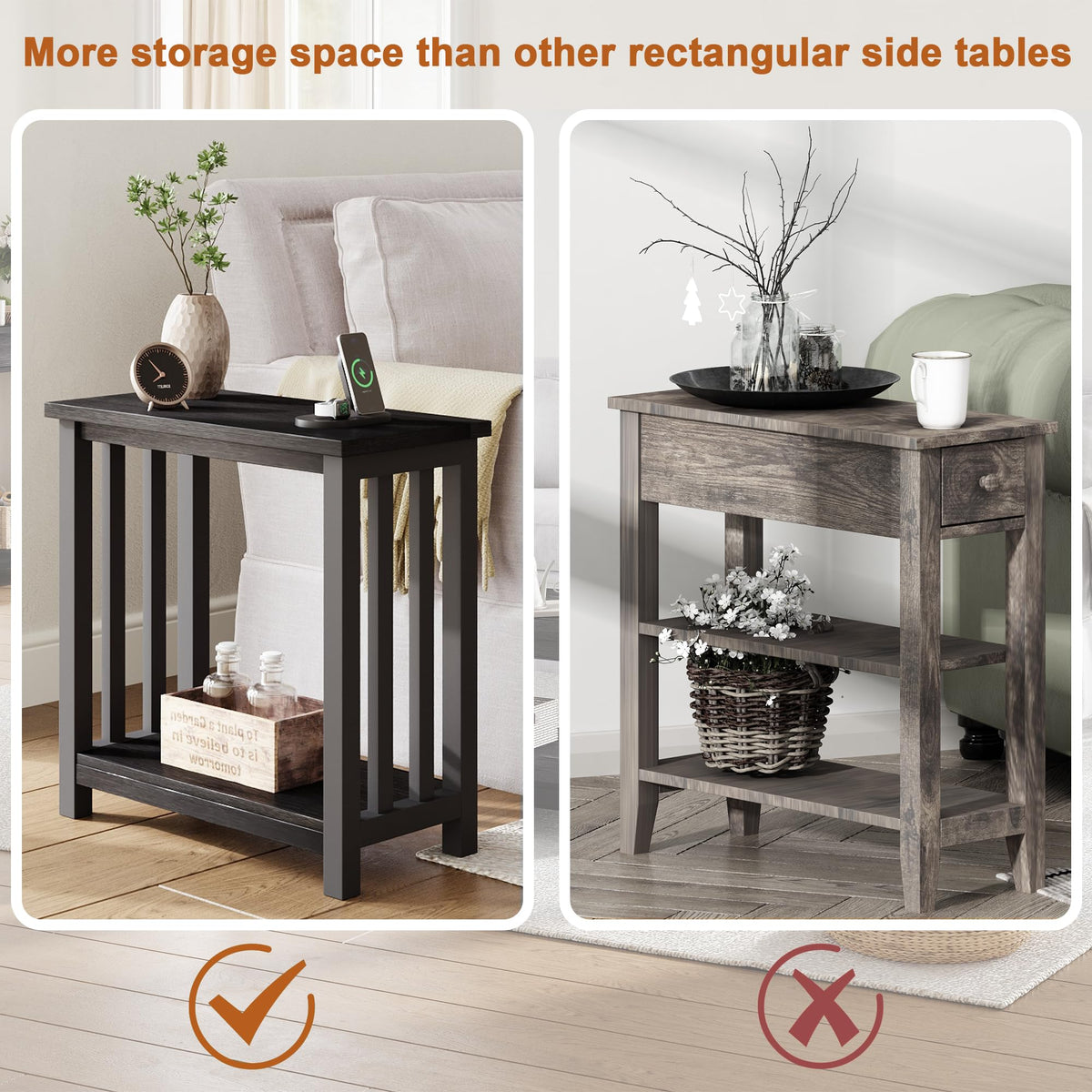 ChooChoo Black End Table for Small Spaces, Narrow Side Table, Night Stand with Storage Shelf for Living Room and Bedroom