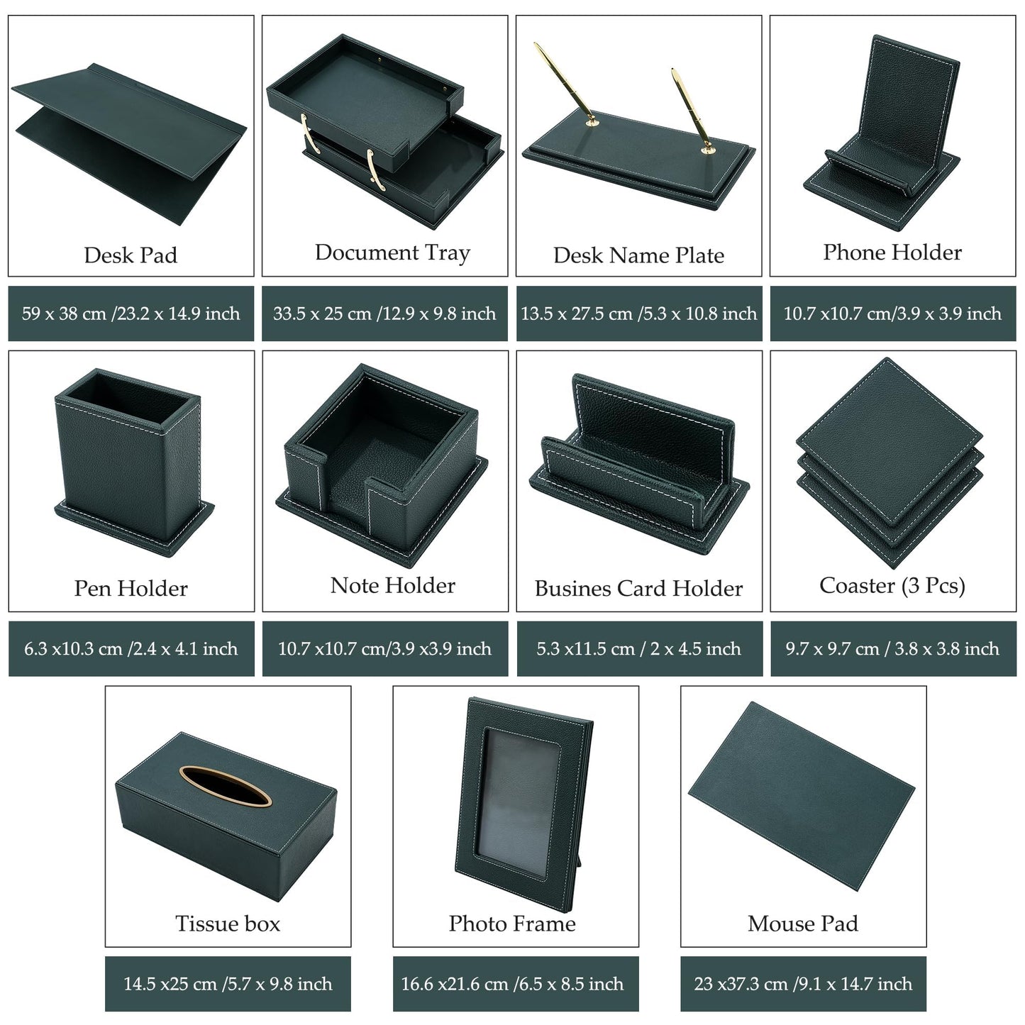 RitPin Leather Desk Set, 15-Piece Leather Desk Organizer, Executive Desk Organizer with Desk Pad & Blotter, 2-Tier Tray, Pen Holder, Office Accessories, Executive Desk Accessories(Green)