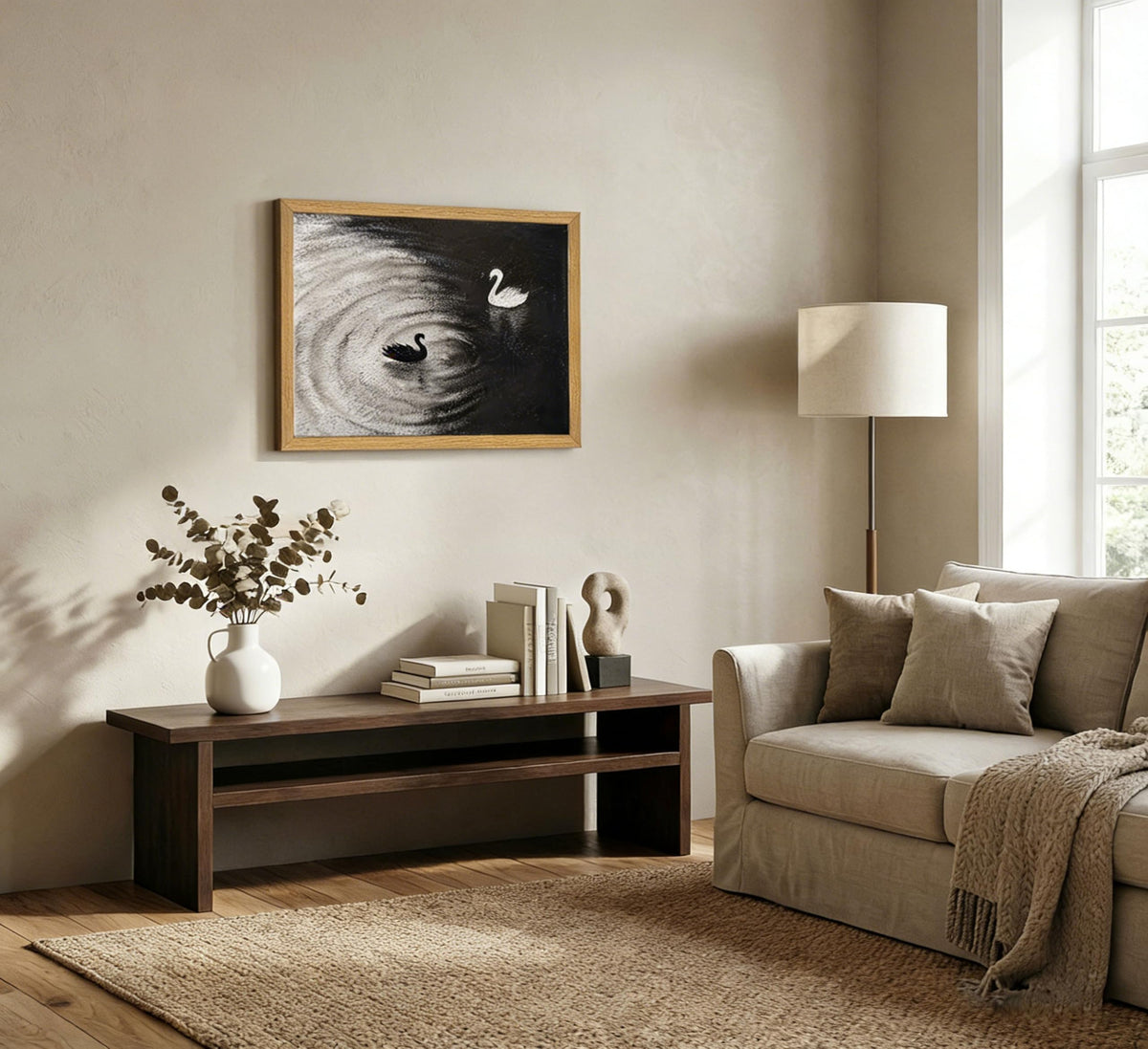 Framed Black and White Swan Canvas Wall Art Abstract Lake Swans Wall Decor Picture Modern Minimalist Animal Poster Painting Print for Living Room Children's Room Bedroom Office Home Decoration