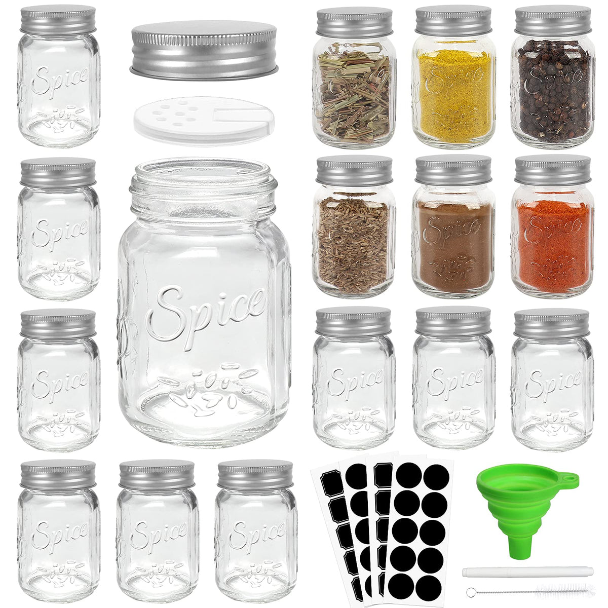 CycleMore 15 Pack 4oz Glass Mason Spice Jars, Round Spice Containers with Silver Metal Caps and Pour/Sift Shaker Lids-40pcs Labels,1pcs Silicone Collapsible Funnel,1pack Brush and 1 Pen Included