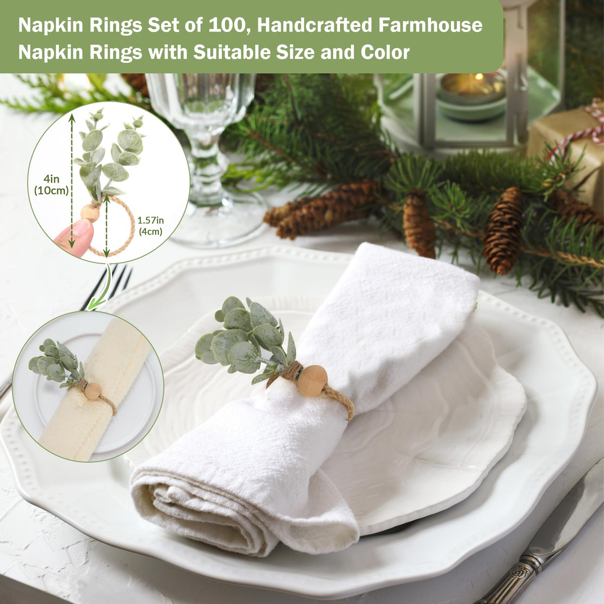 Defined Deco Napkin Rings - Set of 100, Rustic Farmhouse Boho Green Leaf Wooden Napkin Rings for Spring Summer, Thanksgiving Christmas, Wedding Table Decor
