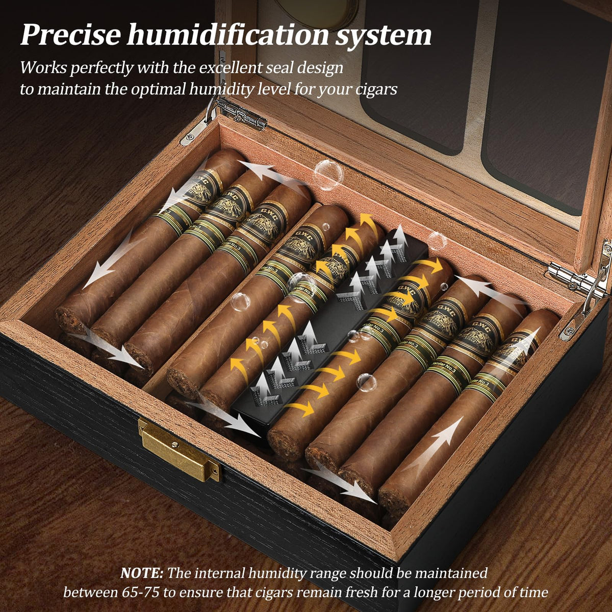 Usewire Cigar Humidor, Glass Top Cedar Cigar Case, Cigar Box for 20-30 Cigars with Hygrometer, Humidifier, Desktop Cigar Humidor, Cigar Lovers Gift (Black)