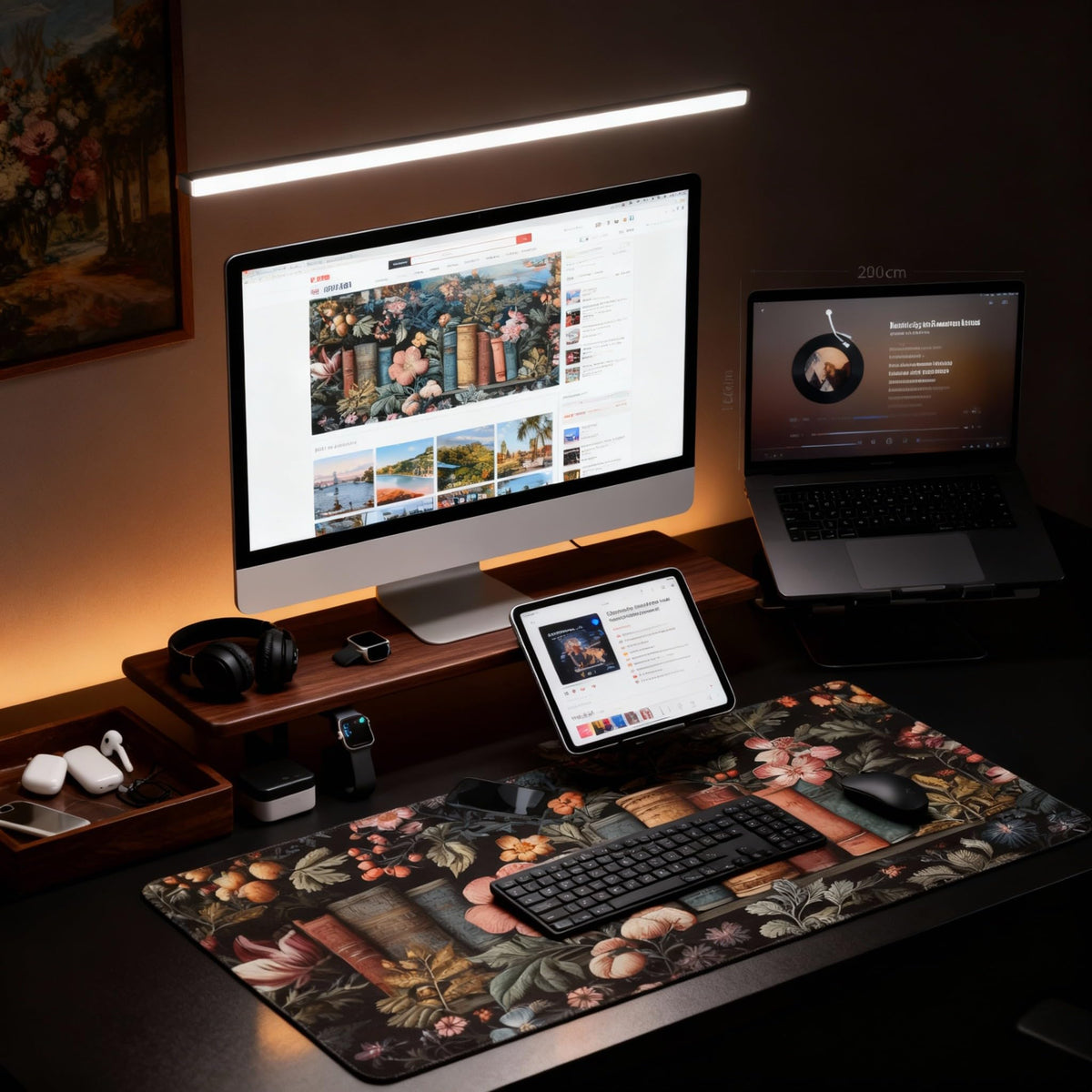 Dark Academia Desk Mat, Floral & Book Pattern XXL Mouse Pad with Anti-Slip Base & Stitched Edges, Large Desk Pad for Computer Keyboard, Office & Home Decor for Women