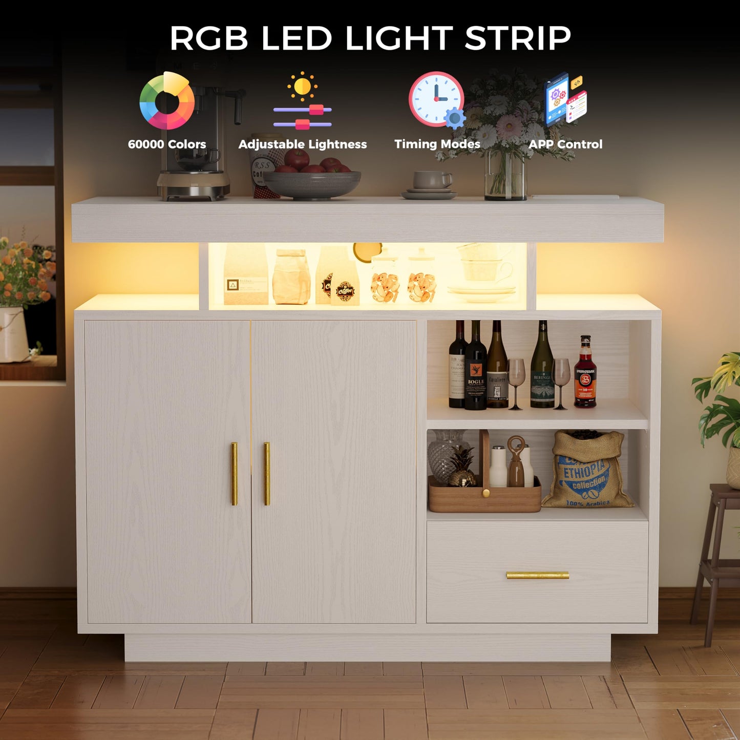 IRONCK Buffet Cabinet, Sideboard Cabinet with Power Outlet and LED Light, Modern Storage Cabinet with Drawer, Coffee Bar Cabinet with Doors and Shelves for Kitchen, White
