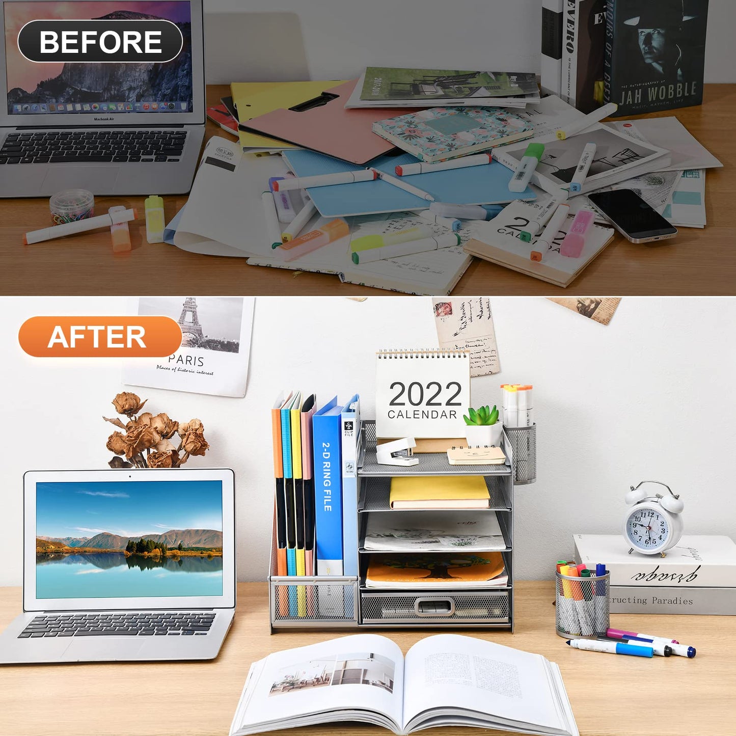 Marbrasse Desk Organizer with File Holder, 5-Tier Paper Letter Tray Organizer with Drawer and 2 Pen Holder, Mesh Desktop Organizer and Storage with Magazine Holder for Office Supplies (Silver)