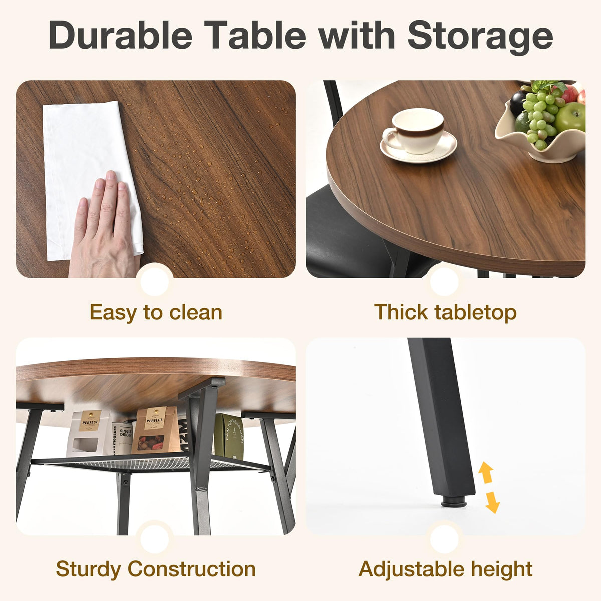 Pamapic Round Dining Table Set for 4, Kitchen Table and Chairs for 4, Dining Room Circle Dinner Pedestal Table, Solid Metal Frame,Space Saving Wood Small Kitchen & Dining Room Furniture,Walnut
