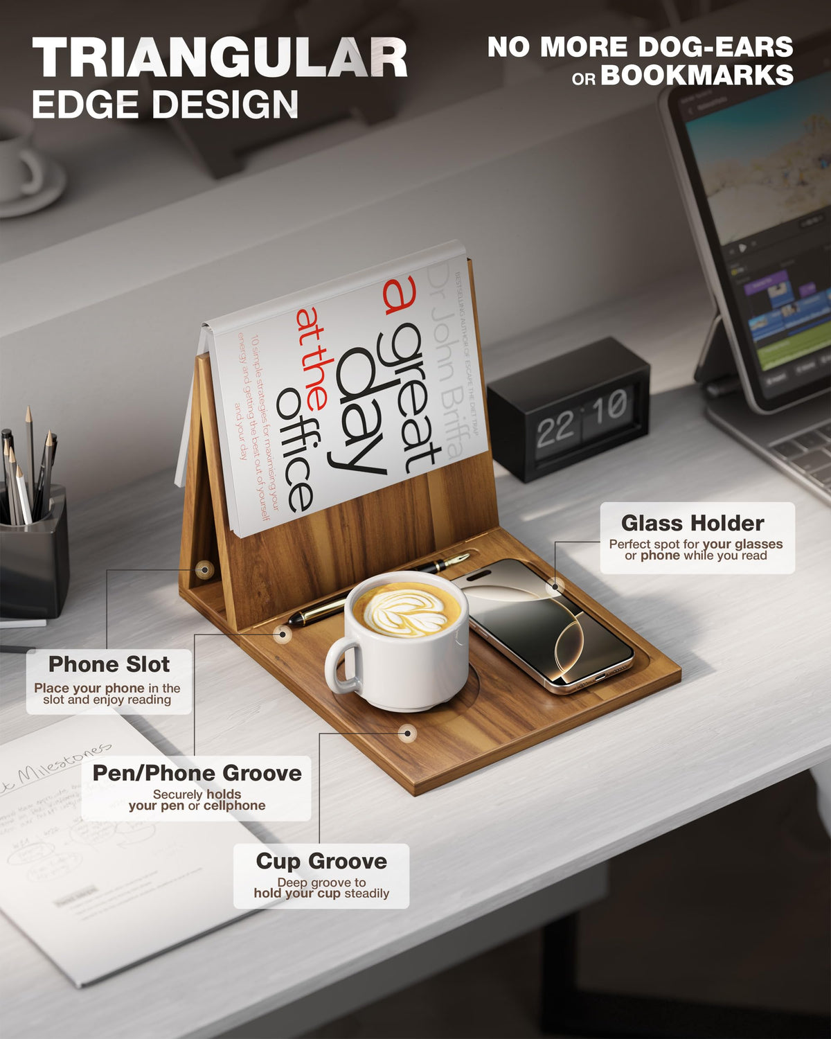 NAGAWOOD Triangle Book Holder, Book Rest, Acacia Foldable Book Nook Reading Valet, Triangle Book Stand with Cup, Pen, Glasses and Phone Holder for Bedroom, Nightstand or Office, Gifts for Book Lover
