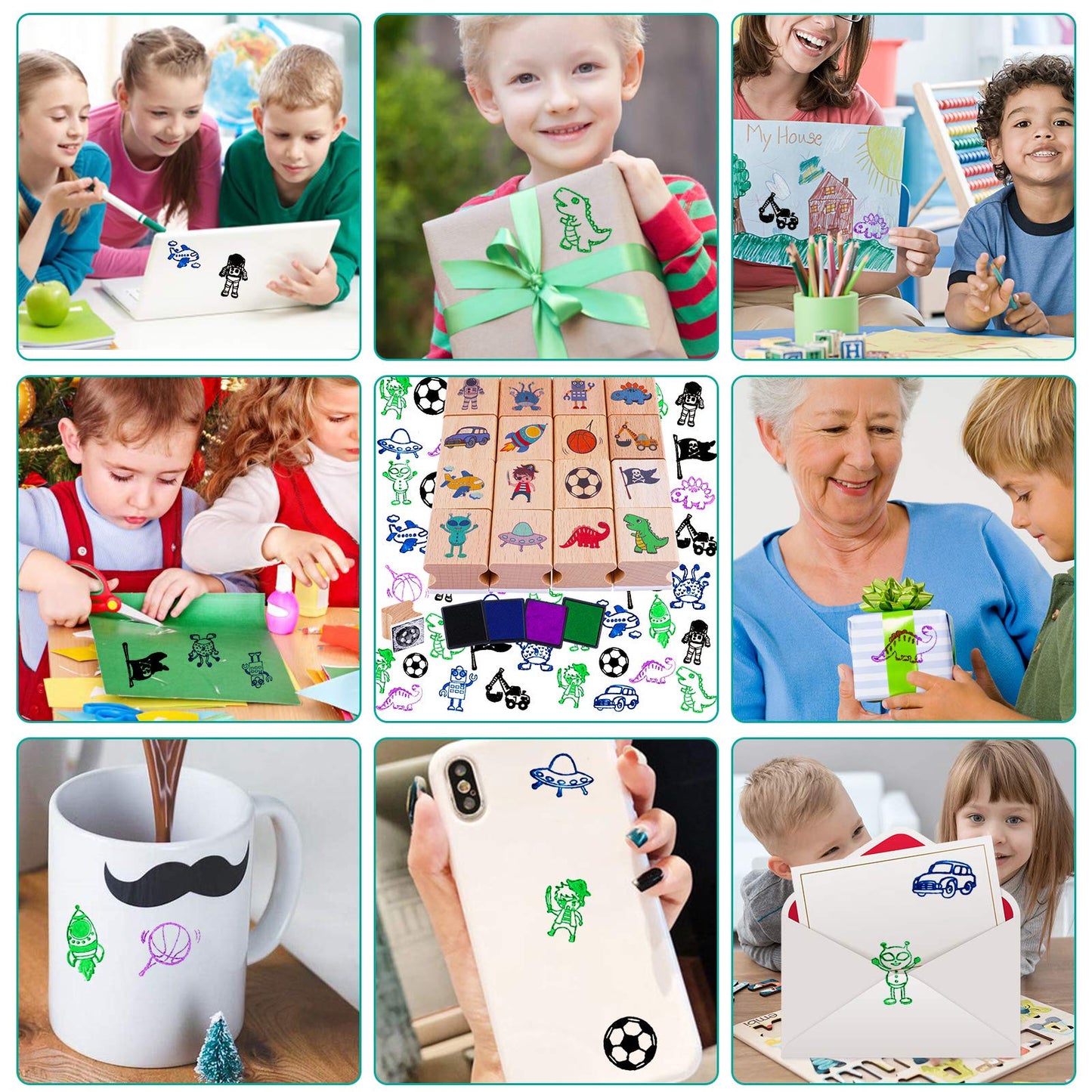 HOWAF 16pcs Wooden Stamps for Kids Boy Crafts with Ink Pad 4pcs, Dinosaur Football Outer Space Pirate Car Stamps for DIY Scrapbook Card Making, Party Bag Fillers Favor for Boys Christmas Birthday Gift