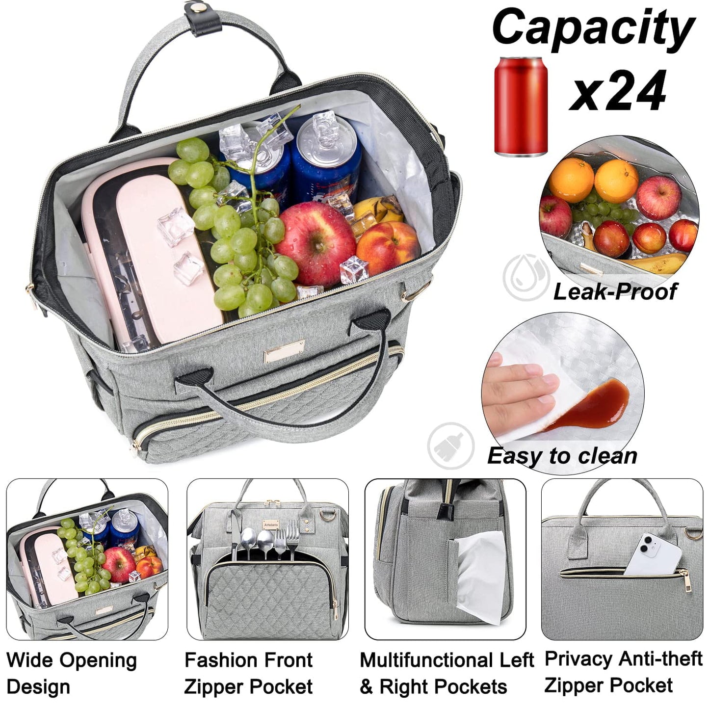 Artelaris Insulated Lunch Bag for Women Men, Large Reusable Lunch Box, Adult Leakproof Cooler Tote Bags Adjustable Strap for Work Picnic（16 Liters）