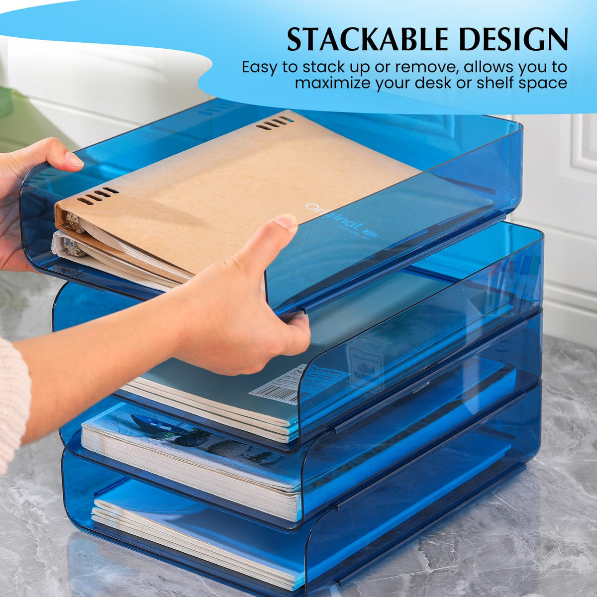 CiWiVOKi 2 Pack Stackable Paper Tray File Organizer for Desk, Office Organizer and Storage for Desk Accessories, Notes, Books, File Paper, Document, Blue
