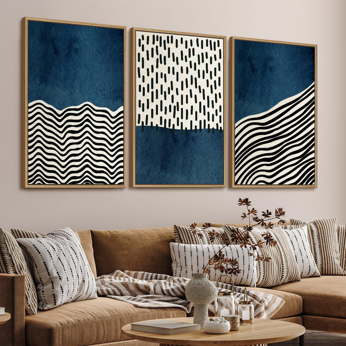 Framed Wall Art Canvas Set Mid Century Boho Picture Modern Abstract Geometric Lines Wall Decor Minimalist Black Indigo Canvas Painting Artwork Living Room Bedroom Home Office 24"x36"x3 Natural