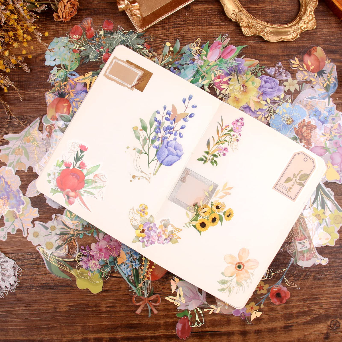 Dizdkizd Gilding Flower Stickers (240 Pieces) - Glitter Watercolor Transparent Stickers for Card Making Scrapbooking Envelopes Wrapped Gifts Arts and Crafts Journaling