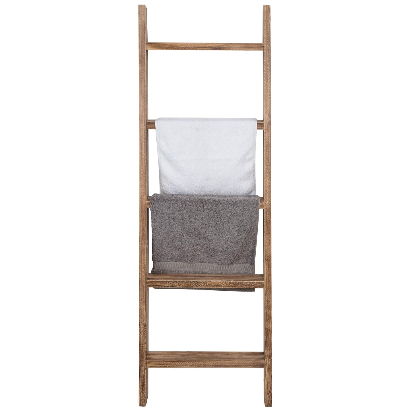MyGift 4ft Tall Rustic Burnt Natural Wood Wall Leaning Blanket Ladder Shelf with 5 Rungs, Decorative Living Room Throw and Quilt Holder, Farmhouse Bedroom Decor