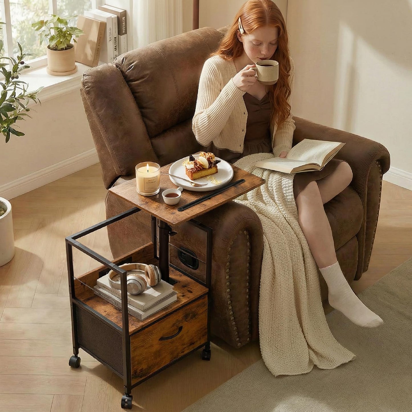 Faesun Swivel Lift Top Nightstand with Charging Station, Rolling Side Table for Recliner, Bedside Table with Wheels & a Fabric Drawer, for Small Spaces, for Bedroom, Living Room, Brown