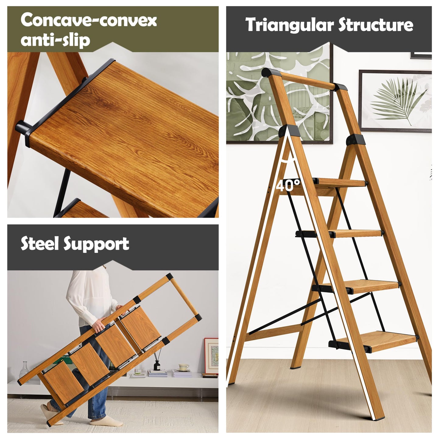Taranta 4 Step Ladder, Portable Folding Ladder with Wide Pedal, Lightweight Aluminum Step Stool with Convenient Handgrip, 330 lbs Capacity Stepladder for Home, Office - Woodgrain