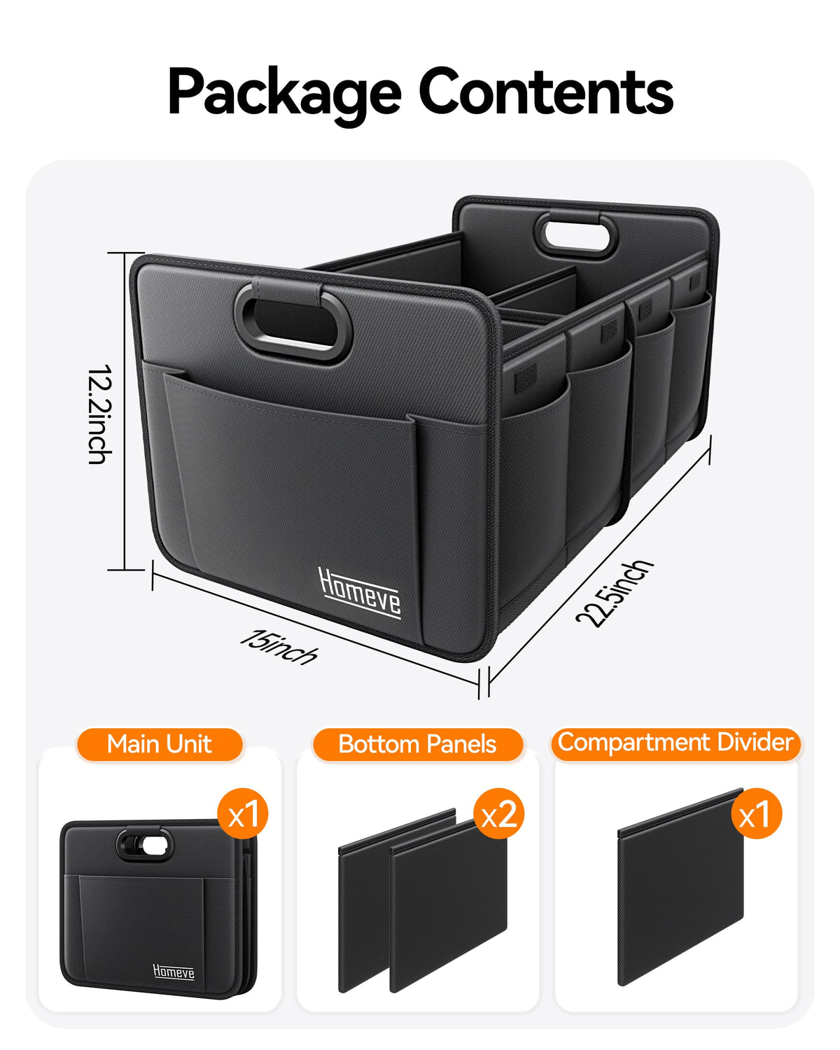 Homeve Trunk Organizer, Car Storage, Reinforced Handles, Collapsible Multi-Compartment, Foldable, Waterproof, Sturdy, 600D Oxford Polyester For Car, SUV, Mini-Van, Black, 2 Compart