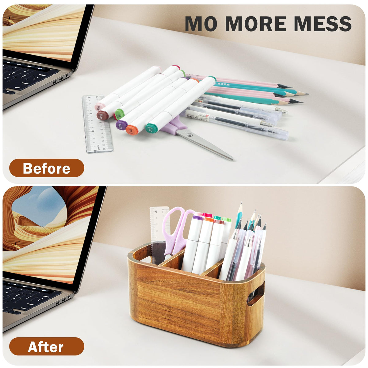 SWKHDKX Acacia Wood Pencil Pen Holder for Desk, Wooden Office Organizer with 3 Slots for Countertop, Makeup Brush Holder Remote Control Organizer for School Home Supplies