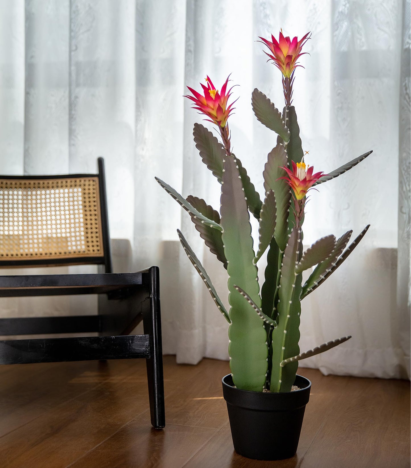 SUNPRAIRIE 33 Inch Large Artificial Cactus with Magenta Flowers in Pot with Natural Gravel. Satin Finish Leaves with Real Look and Feel. Outdoor and Indoor Faux Plants.