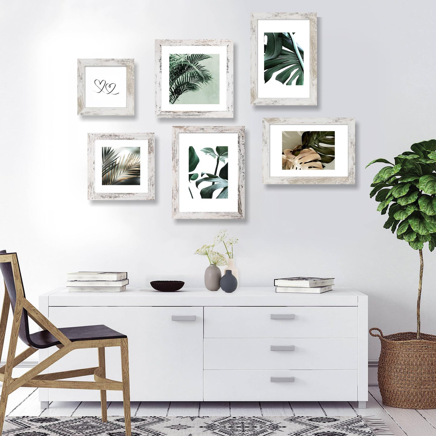 Hongkee 9x12 Picture Frame Set of 4, Made of Glass and Distressed White Wooden Frame - Display Picture 6x8 with Mat or 9 x 12 Without Mat, 9 by 12 Photo for Wall or Tabletop