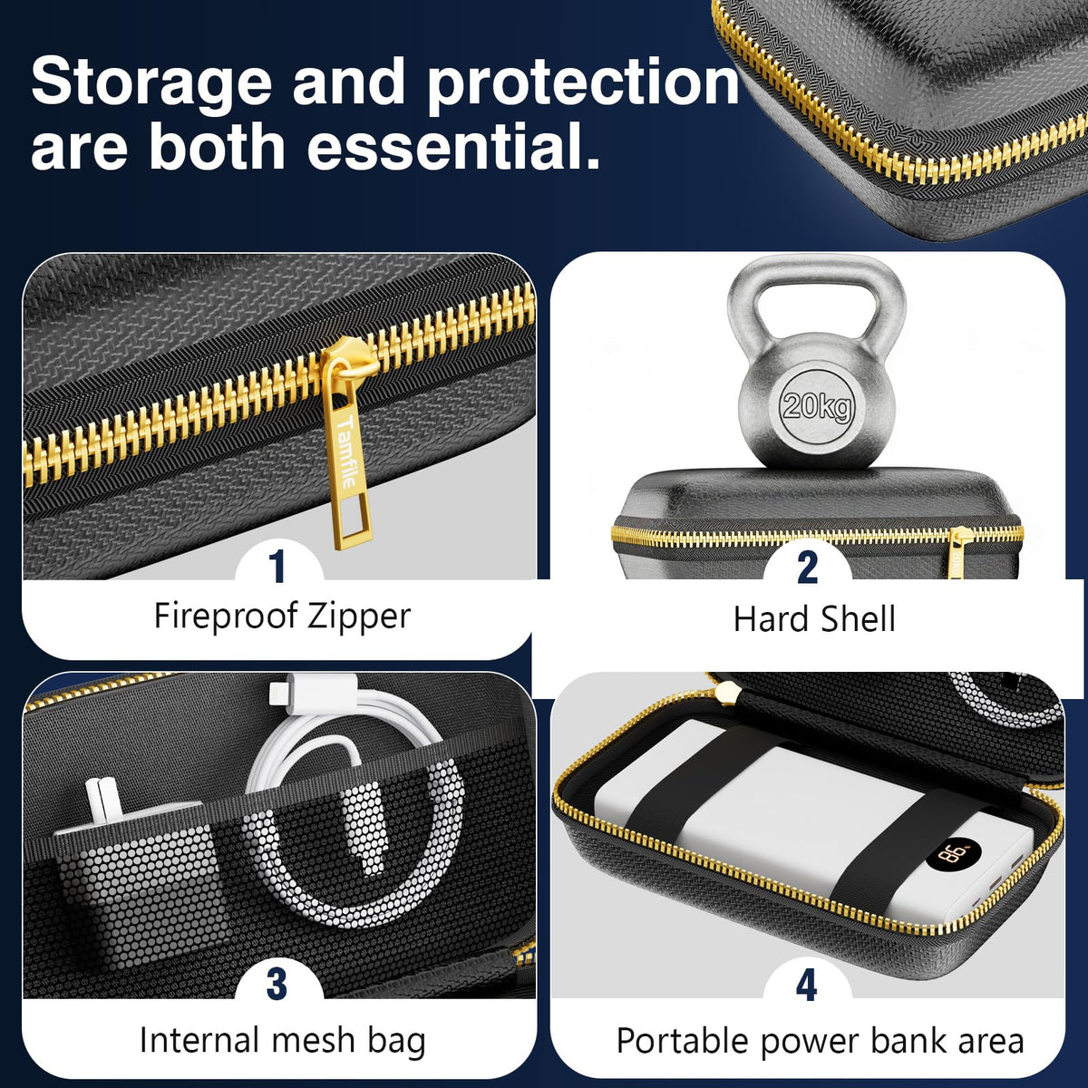 Electronics Travel Organizer with Fireproof Zipper, Hard Case Explosion-Proof Cables Carry Box Compatible with Hard Drive, Fireproof Portable Safe Storage for Power Bank, Phone, Charger, Cord, Black