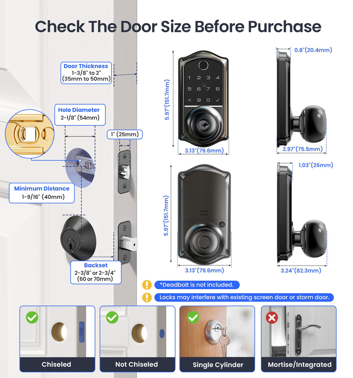 Veise VE018 Smart Knob Handle Lock - Fingerprint, App Control, Keyless Entry for Front Door and Bedroom, Electronic Digital Keypad, Auto Lock, Remote Access Sharing, IP55 Weatherproof, Matte Black