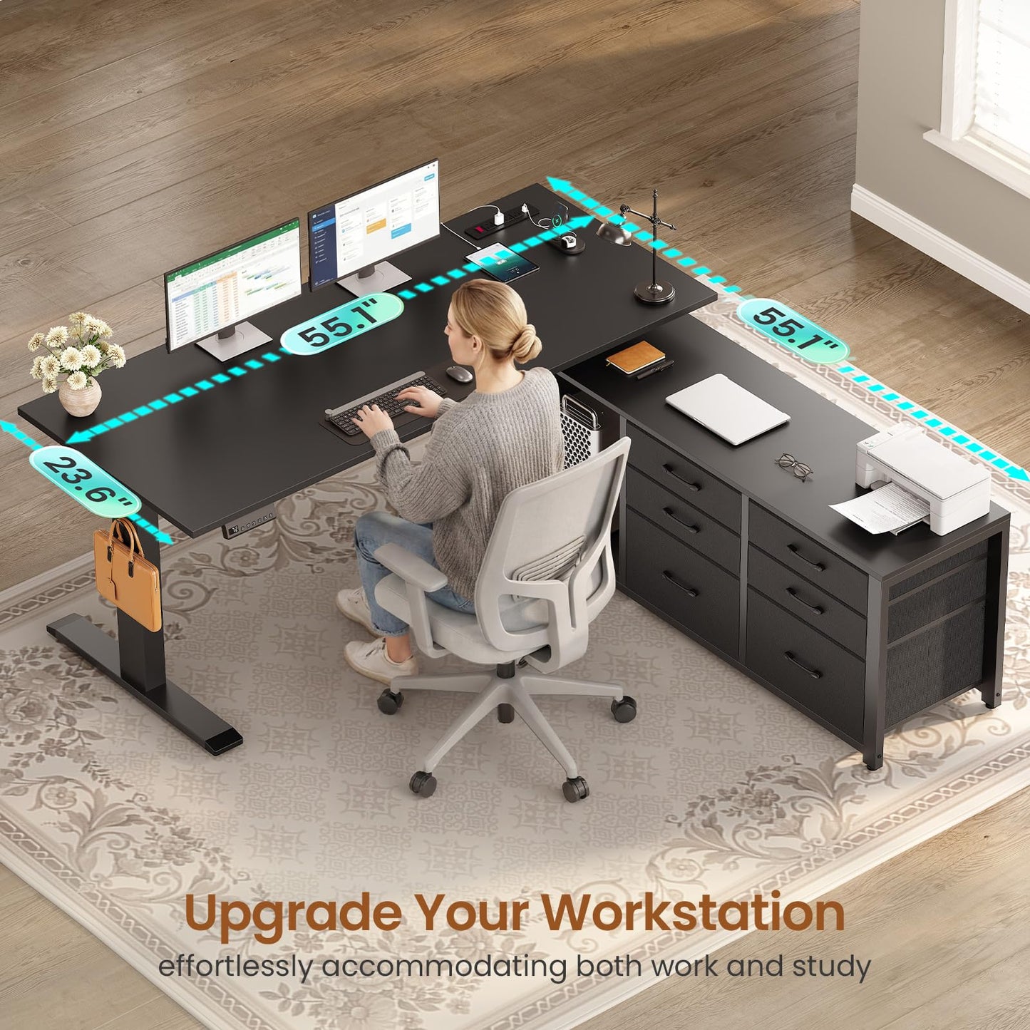 SEDETA L Shaped Electric Standing Desk, 55" x 55" Height Adjustable Office Executive Desk with 6 Fabric Drawers and Storage Shelves, Sit Stand Computer Desk with Power Outlet for Home Office (Black)