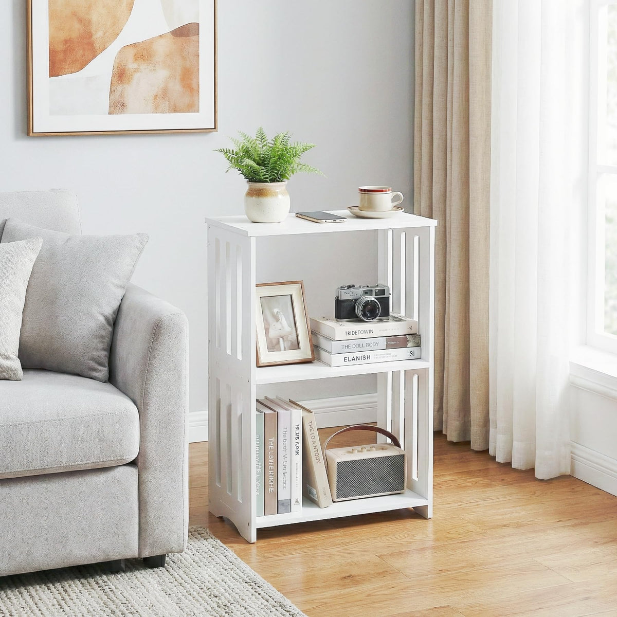 HAYOFAMY 3-Tier End Table Nightstand White, Narrow Side Table with Storage Shelf, Small Bookshelf Bedside Table for Bedroom, Living Room, Office, Bathroom