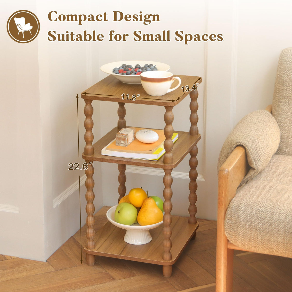 Fultyle End Table, Small Side Table with 3 Tier Open Shelf, Modern NightStand Accent Table for Small Spaces, Living Room and Office (Caramel Tan)
