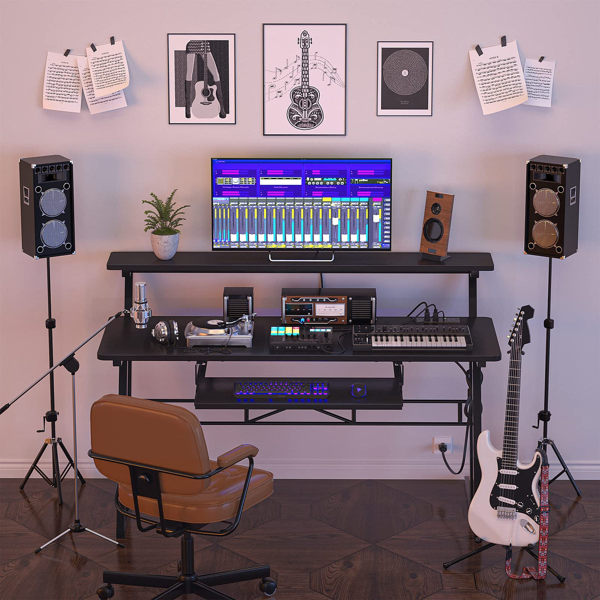 Music Studio Desk Production Workstation - Recording Studio Desk for Producer with Power Outlet, Studio Workstation for Music Recording, Home Studio Table Desk, Black