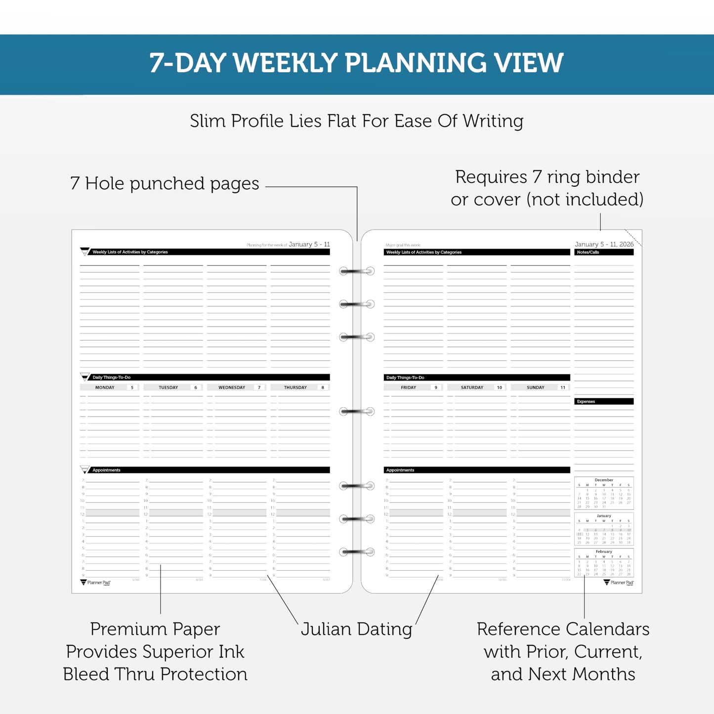 Planner Pad 7 Hole Loose Leaf January-December 2026/ Calendar Year 8 1/2" x 11" Large 3-Tier Funnel Down 12 Month Organizer,Black Ink, 8 1/2" x 11”